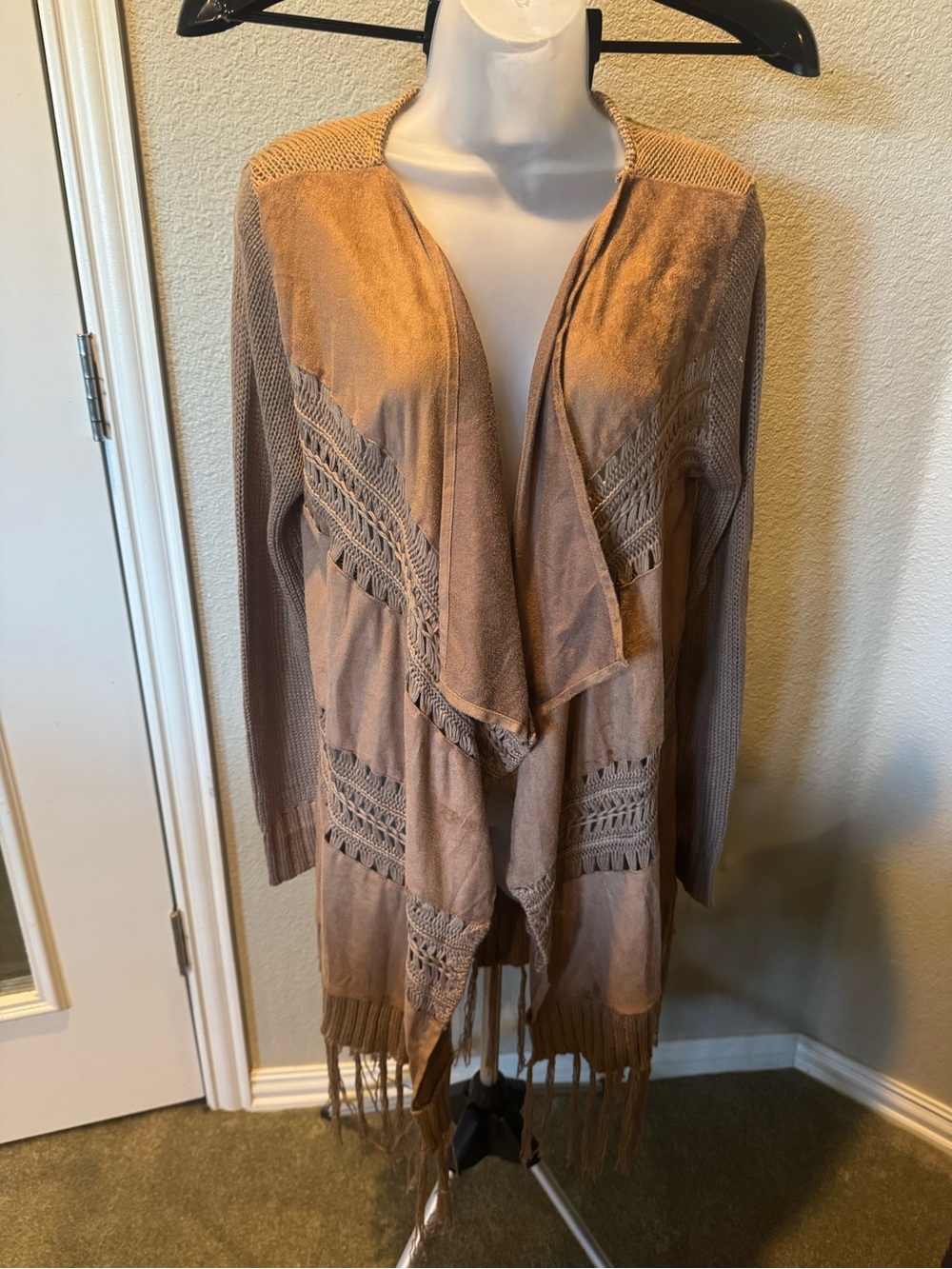 VENUS Taupe Fringe Open-Front Faux Suede Knit Cardigan